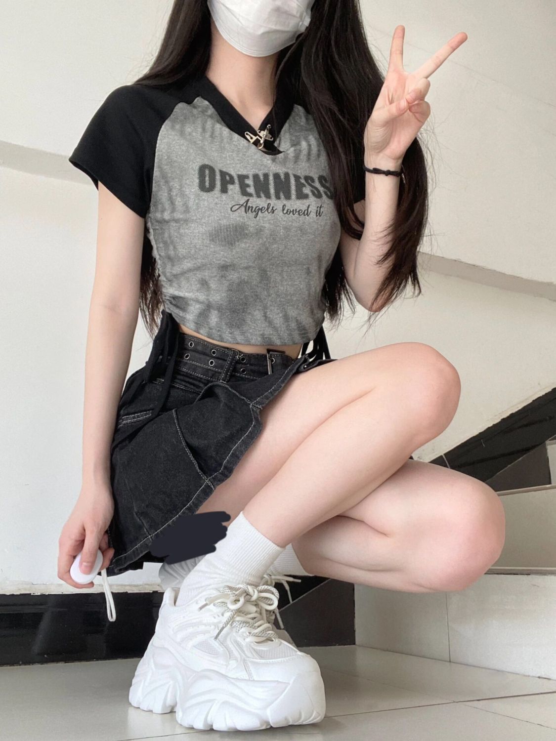 甜酷美式正肩t恤修身顯瘦辣妹短上衣綁帶抽繩設計感小眾短款上衣