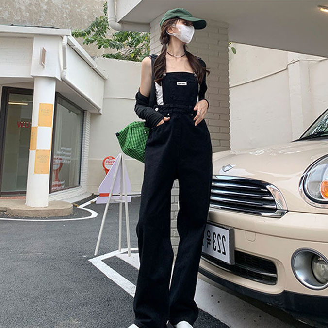 Denim suspenders women's spring clothes  new Korean version loose straight mopping trousers wide-leg sling jumpsuit trousers