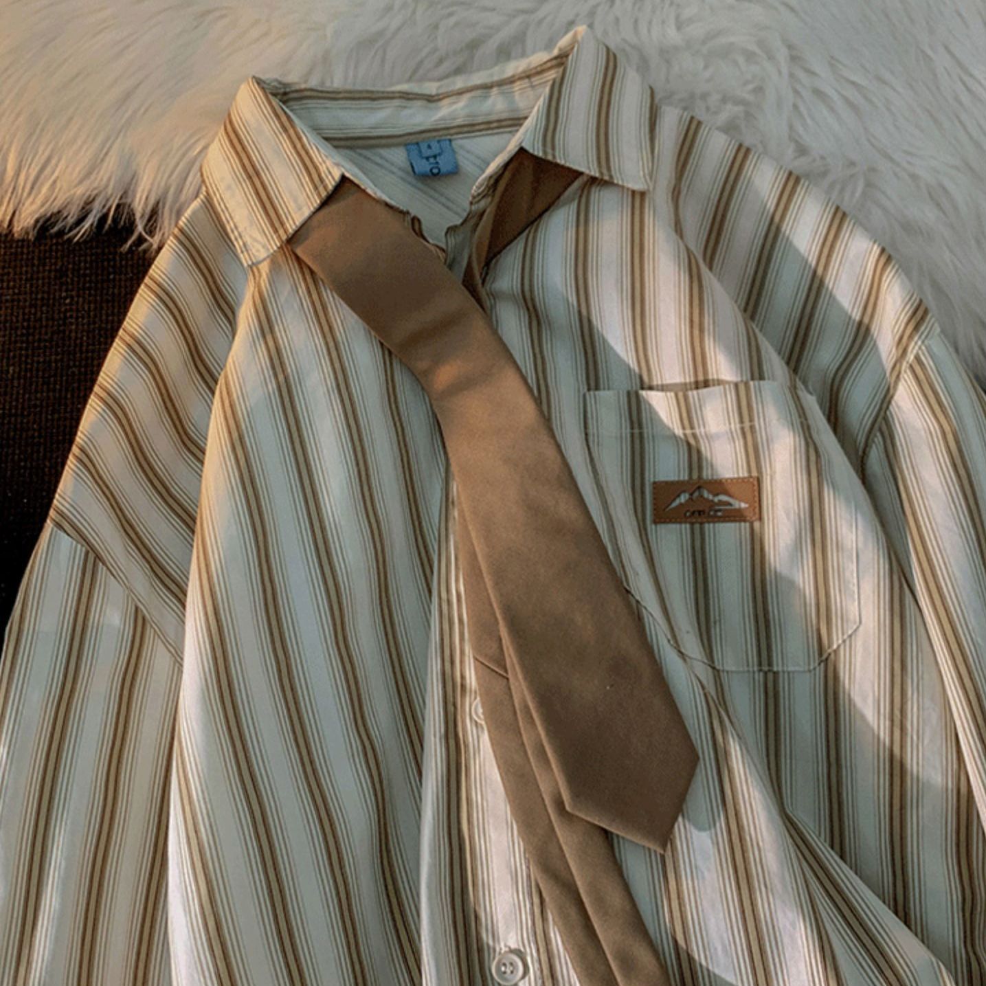 港风日系条纹衬衫男长袖设计感高级痞帅潮牌上衣春秋外套