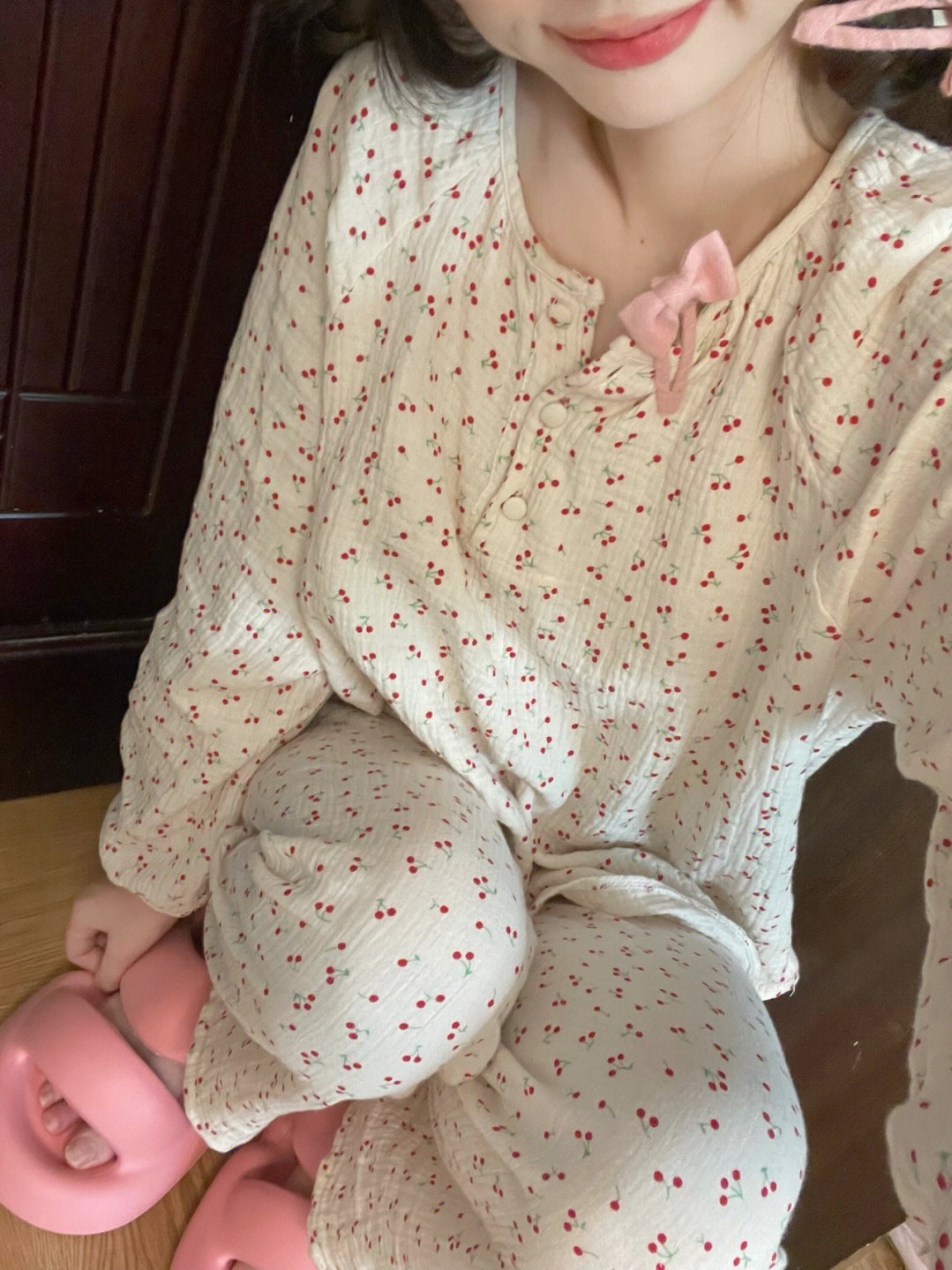 Girls cherry print baby cotton pajamas women's spring and autumn 2023 new ins style long-sleeved home clothes set