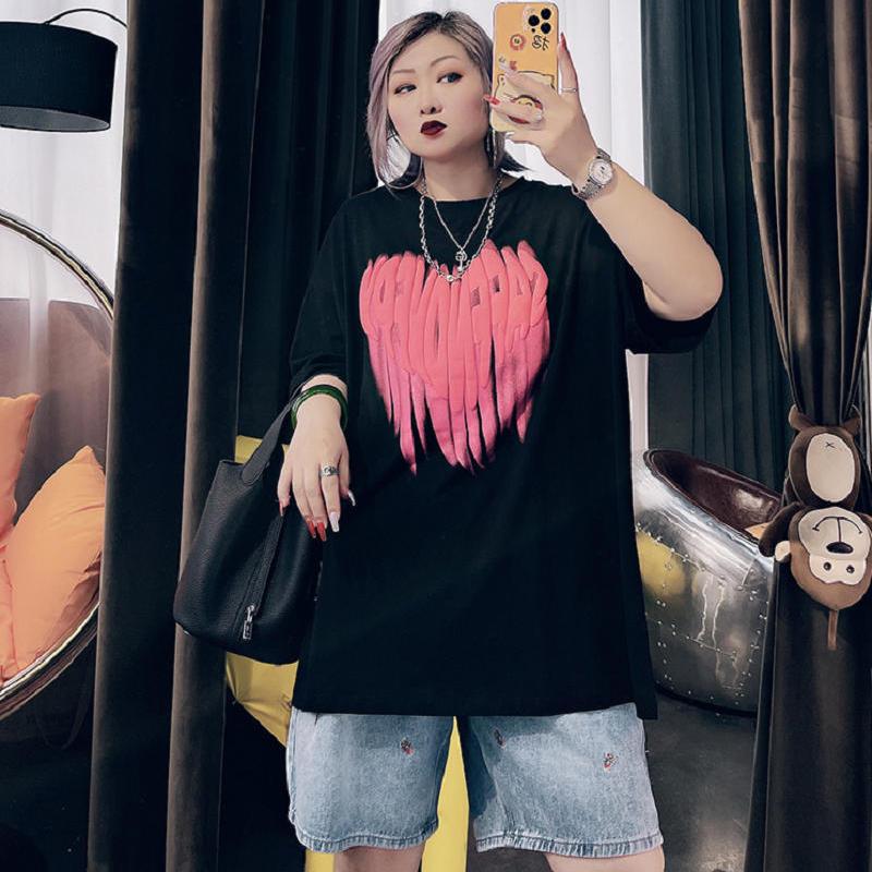 Summer new large size women's clothing Korean version 2-300 catties fat MM fashion loose graffiti big love tide T-shirt short-sleeved women