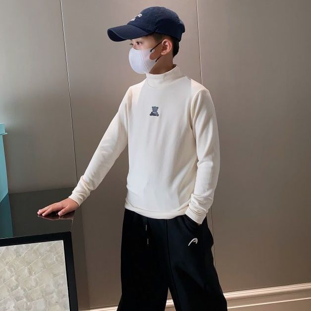男童打底衫秋冬裝中大童半高領自發熱小熊T恤兒童保暖打底衫上衣