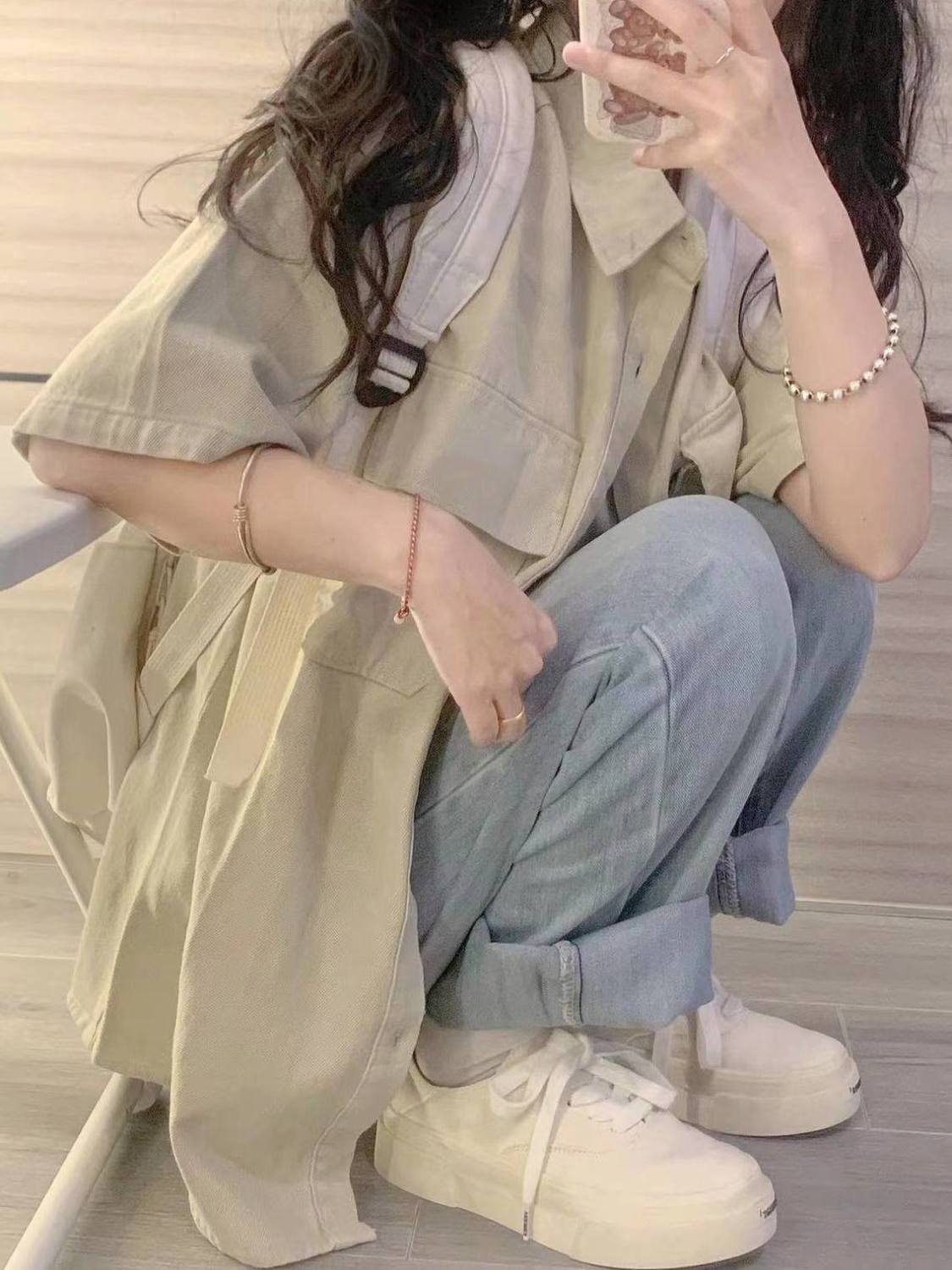 夏季新款米杏色純棉襯衫短袖女寬鬆百搭襯衣開衫減齡小清新上衣潮