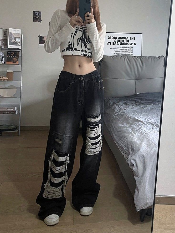 美式復古假破洞闊腿牛仔褲女2023新款高腰寬鬆顯瘦直筒拖地褲子潮