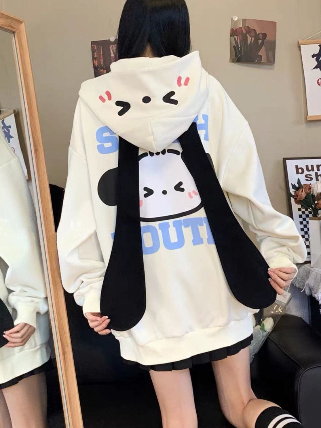 OLUX美式復古連帽衛衣女日系可愛卡通長耳朵小狗寬鬆休閒開衫外套
