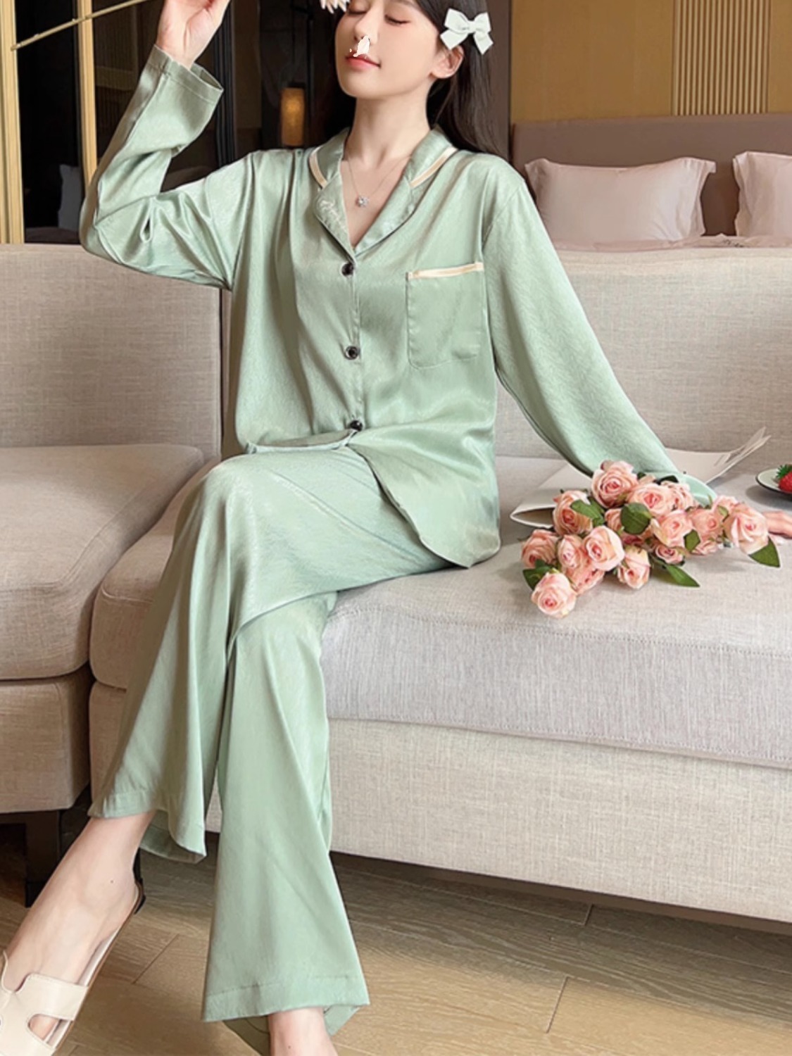 冰丝睡衣女春秋季长袖薄款宽松高级感显白绿可外穿家居服两件套装