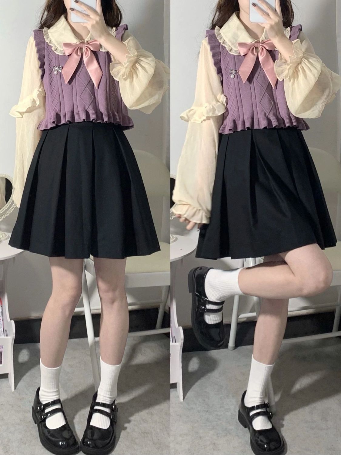 Three-piece suit spring and autumn chic purple knitted sweater with wooden ears layered vest doll collar shirt pleated skirt