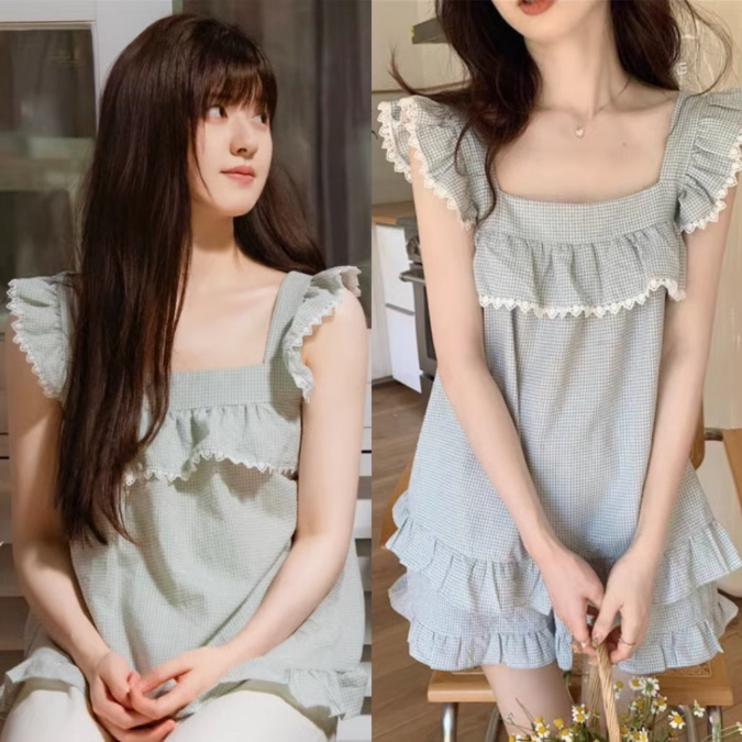 夏季韓版甜美可愛小飛袖桑稚同款格子睡衣女夏天吊帶兩件套家居服