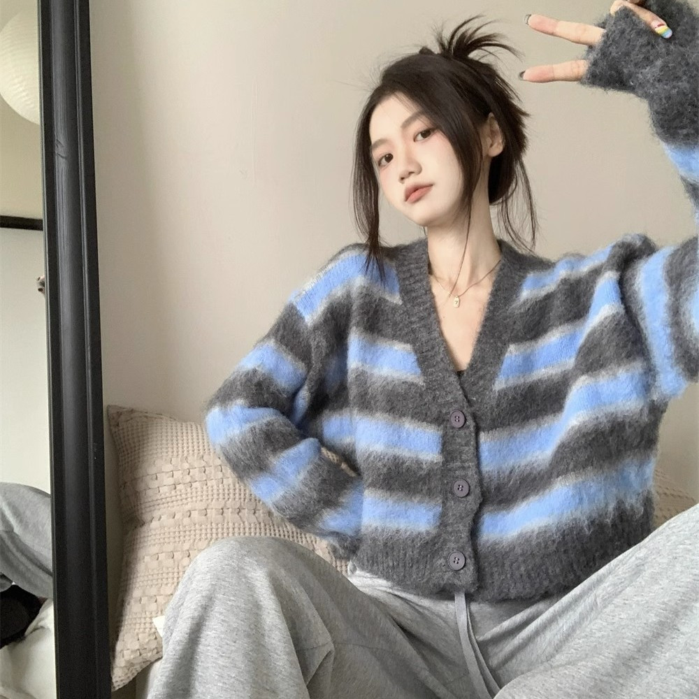 Yang Paopao gray furry striped short sweater cardigan for women 2023 autumn and winter new loose Korean style short top