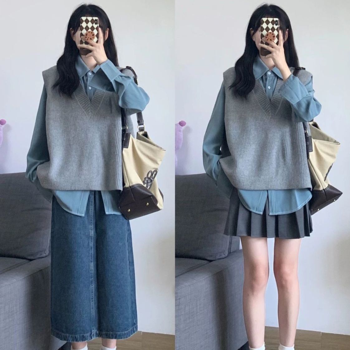 Three-piece suit autumn retro niche fashion knitted sweater layered vest collocation shirt women's pleated short skirt