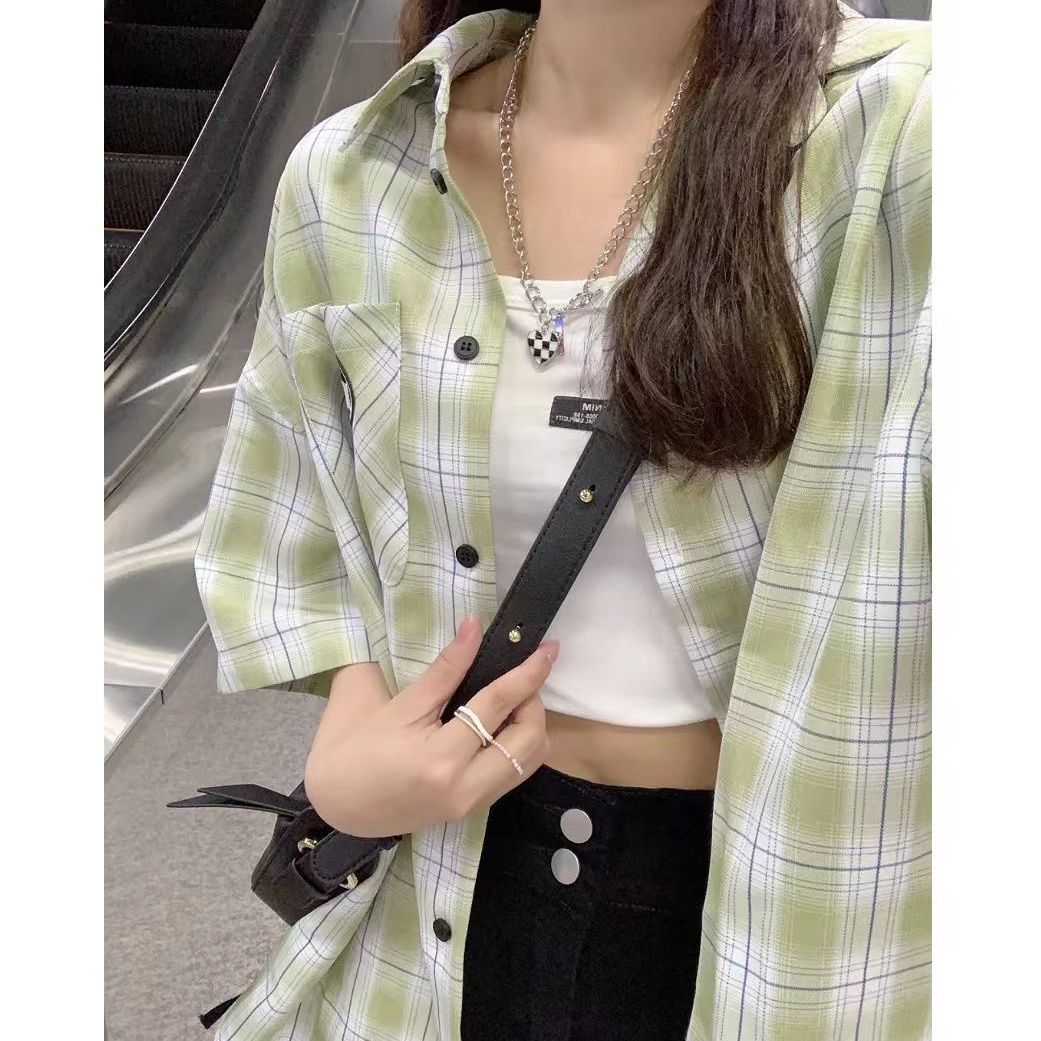 格紋短袖襯衫女2022夏季新款韓版學生寬鬆設計感小個子薄款襯衣潮