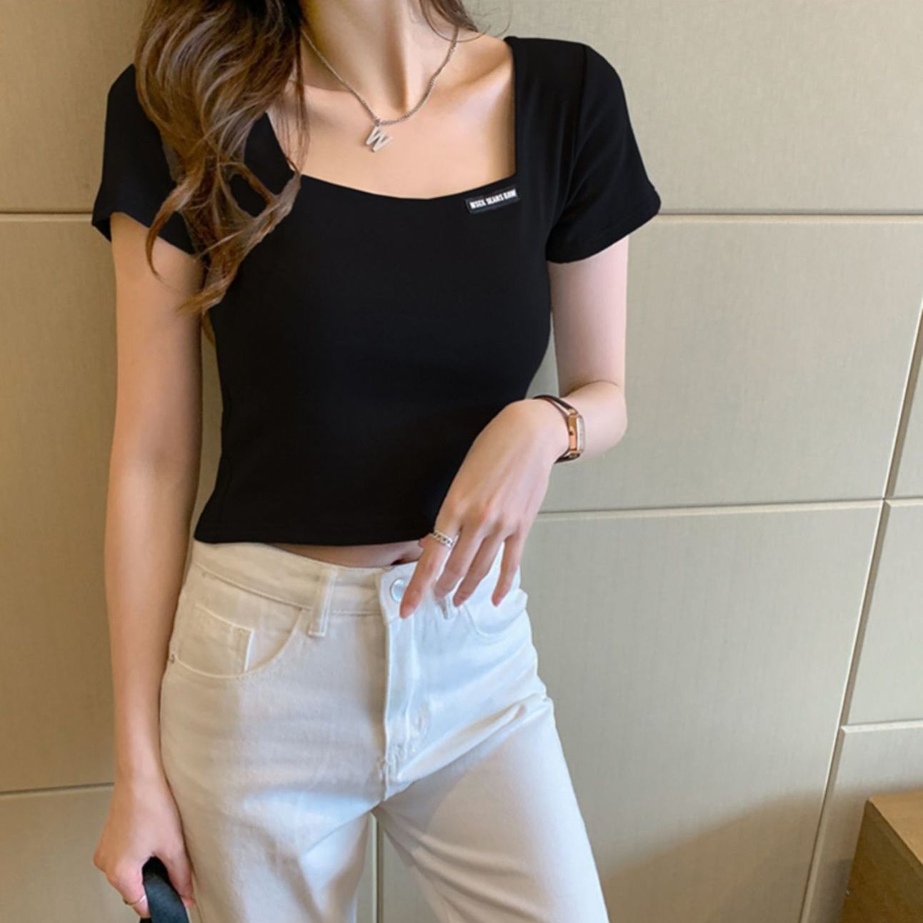 Korean version of the simple style French square collar tight high waist t-shirt ladies summer short section thin all-match small tops