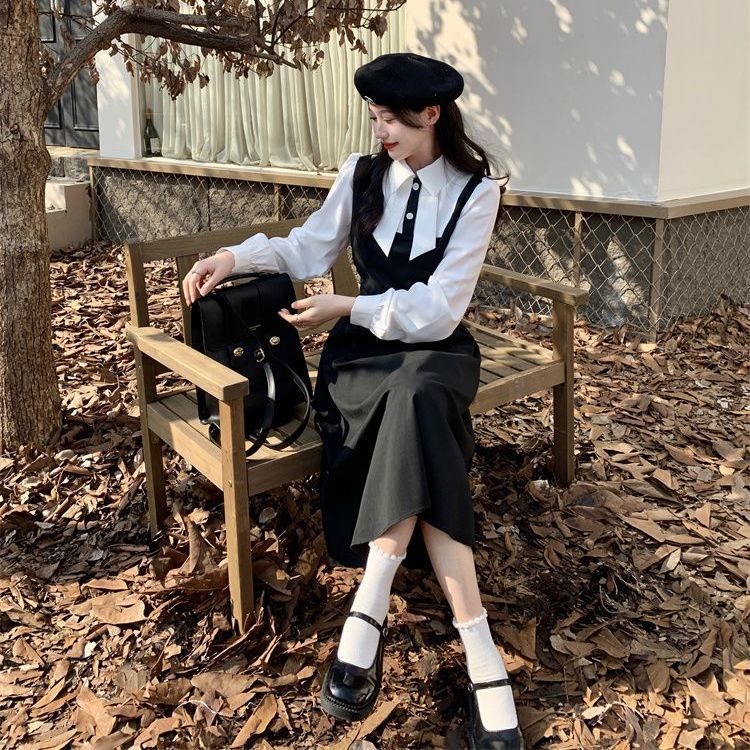 Large size polo collar fake two-piece long-sleeved dress for women to wear in autumn. Skirt for fat mm to cover belly and make slimming black long skirt