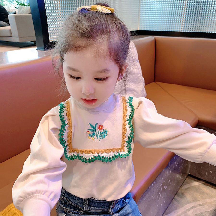 女童上衣兒童2023新款洋氣秋裝長袖T恤寶寶百搭半高領花邊打底衫