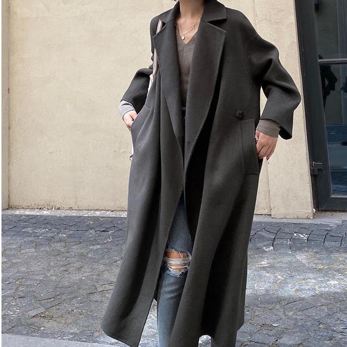 Woolen coat, tweed coat, temperament windbreaker, long style, knee length, new Hepburn style, extra long and thin in winter