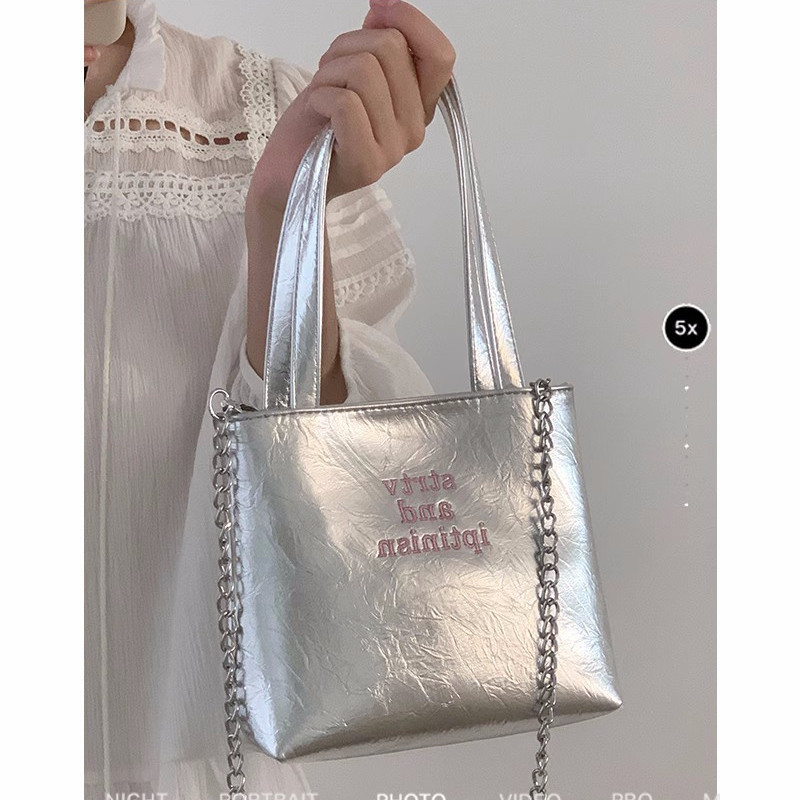 New ins niche design silver letter handbag for women  summer versatile internet celebrity large capacity crossbody bag