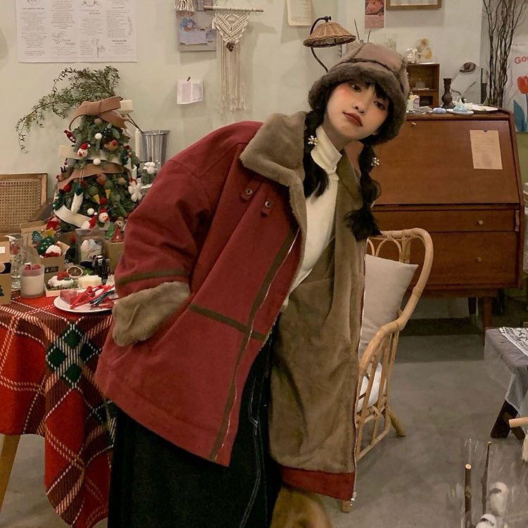 加絨加厚外套少女秋冬裝2023新款初中高中學生韓版羊羔毛棉衣棉服