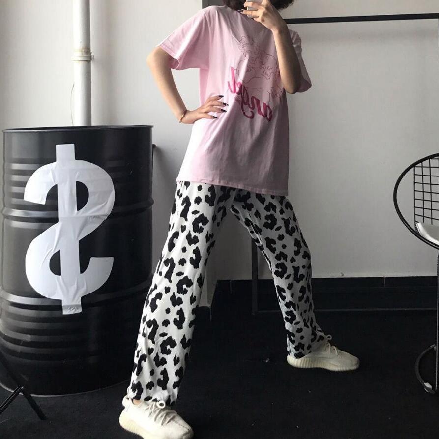 Autumn 2020 kuo'ai cow elastic waist casual pants straight Pants Black and white flowered cow pajamas female soft