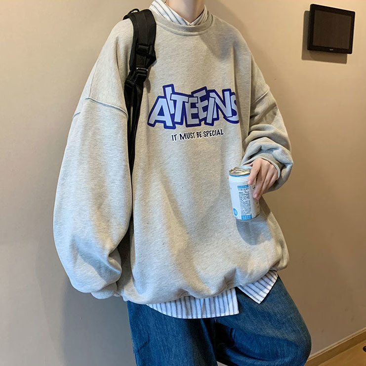 100%純棉衛衣男加絨加厚寬鬆潮牌秋冬款圓領港風ins潮流上衣學生