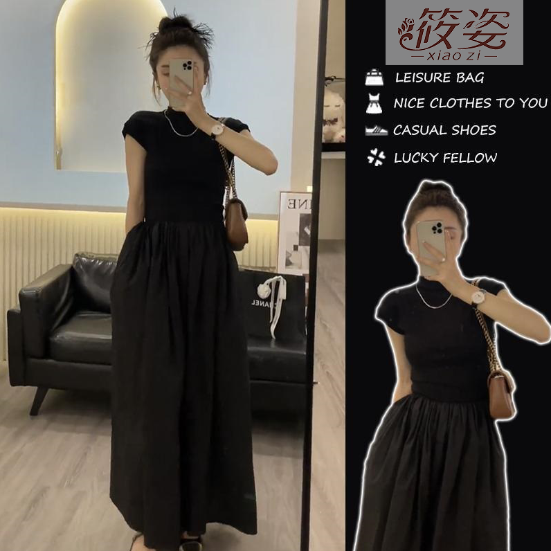 Xiaozi Paper Man Half High Collar Black Slim Short Sleeve Waist Waist Long One-Piece Dress New Boudoir Honey Dress Little Black Dress