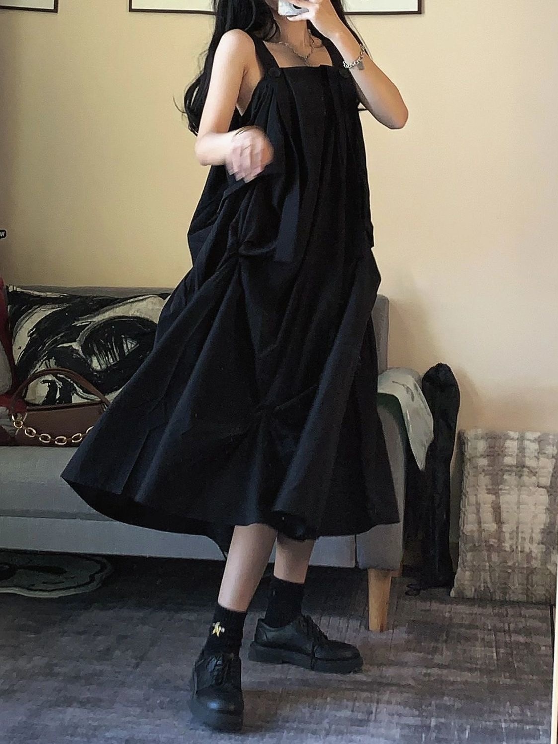 Hepburn style irregular pleated sling dress female student ins Korean version loose slim three-dimensional A-line skirt