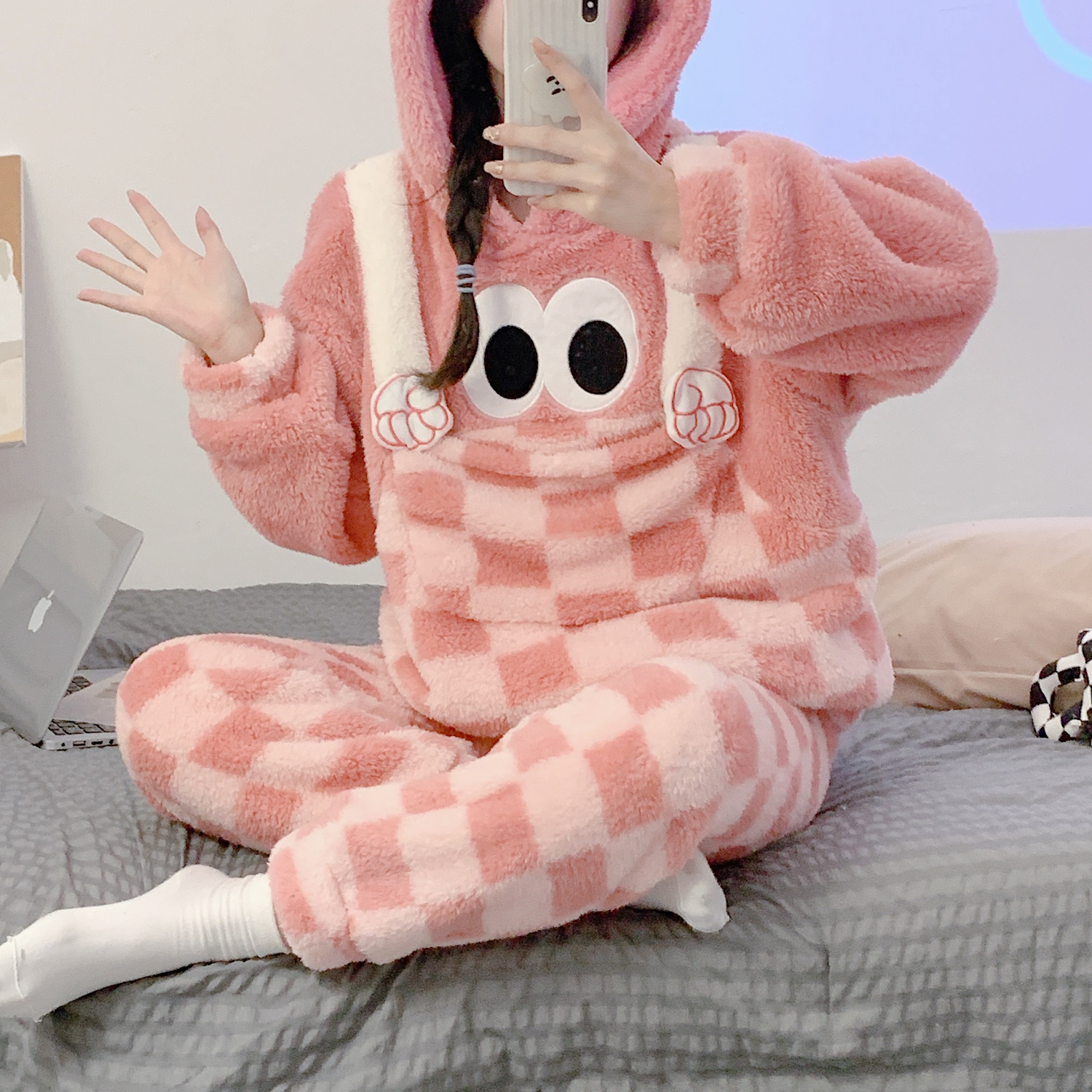 保暖秋冬季加厚加絨珊瑚毛絨睡衣女卡通可愛少女法蘭絨家居服套裝
