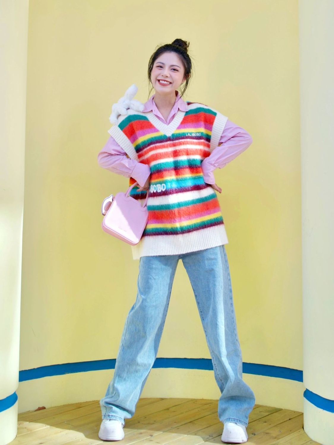 春秋女套裝甜系條紋彩色針織馬甲坎肩毛衣v領背心疊穿長袖襯衣ins