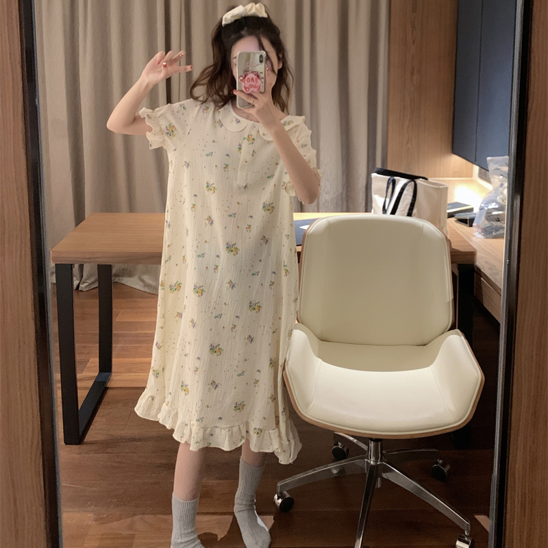 Ins style summer nightdress women's mid-length baby cotton comfortable mesh new summer pajamas skirt home service