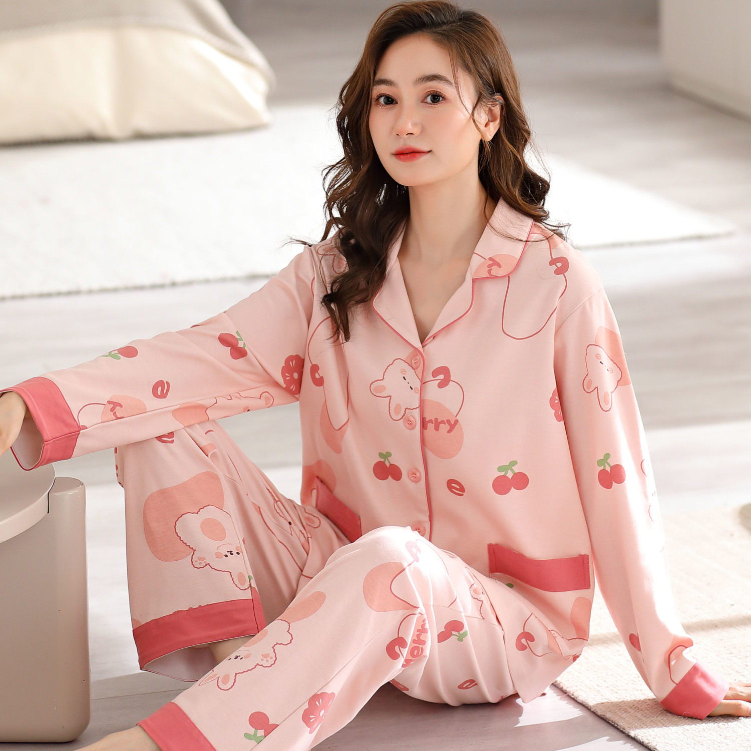 雙面純棉睡衣女春秋季韓版長袖甜美卡通套裝中青年女外穿家居服冬