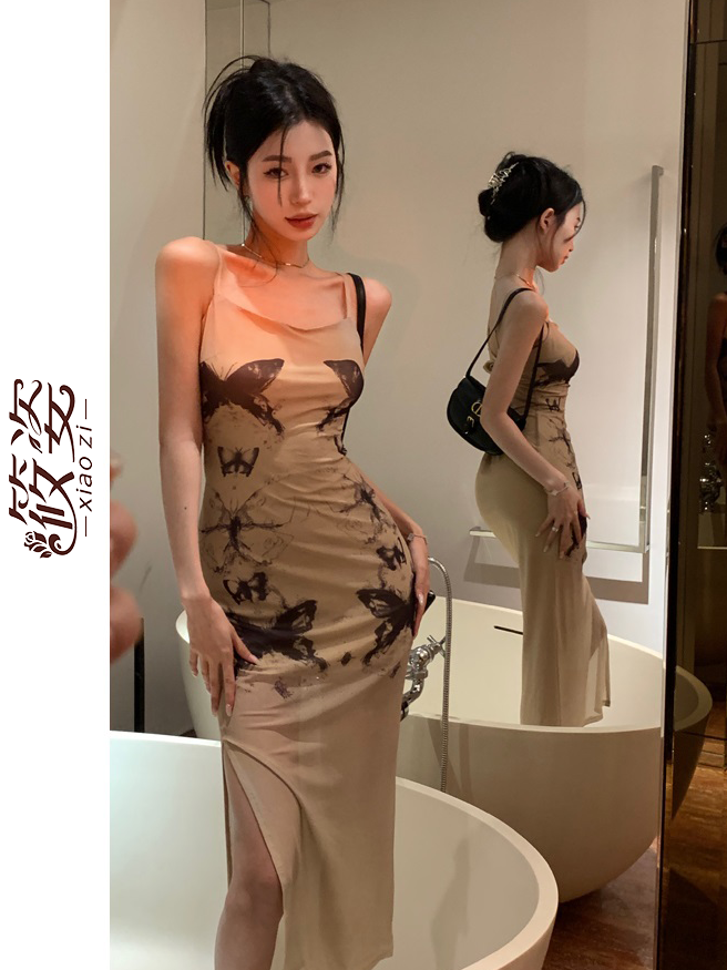 筱姿蝴蝶扎染吊帶連衣裙女純欲收腰短裙修身緊身辣妹包臀裙子長裙