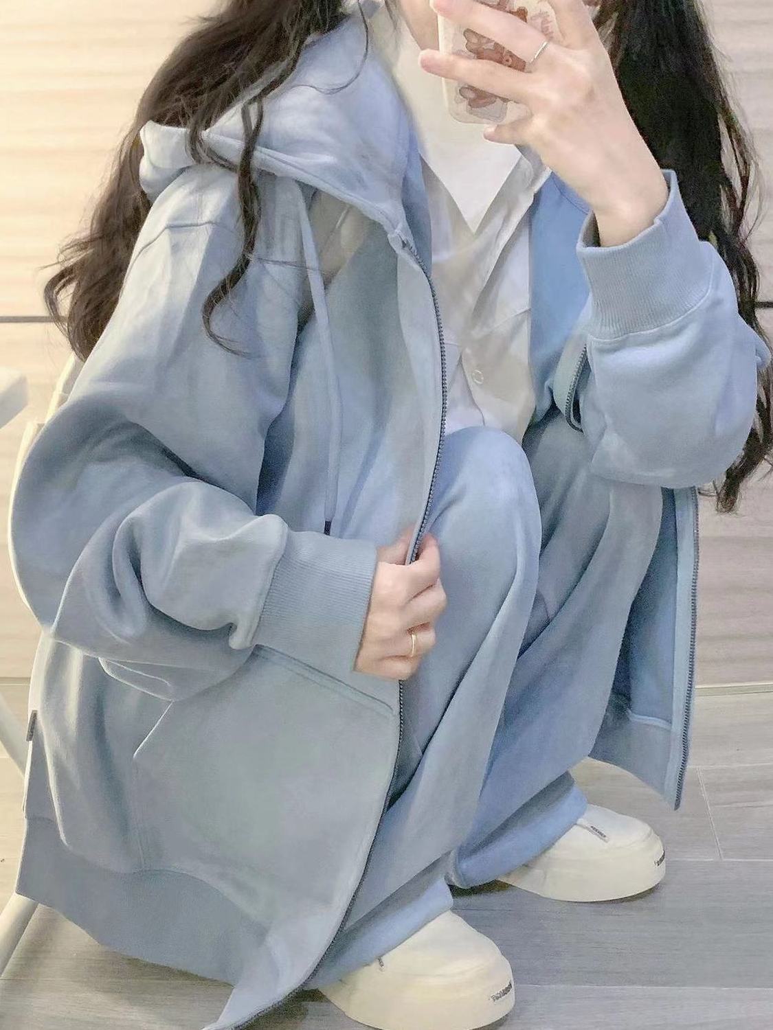 2023春秋薄款森系藍色連帽衛衣外穿女寬鬆慵懶風顯瘦拉鏈外套開衫