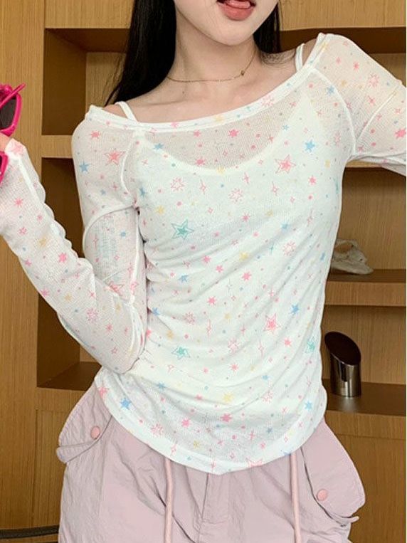 2023年辣妹背心一字領長袖t恤女早秋新款別致星星印花兩件套裝