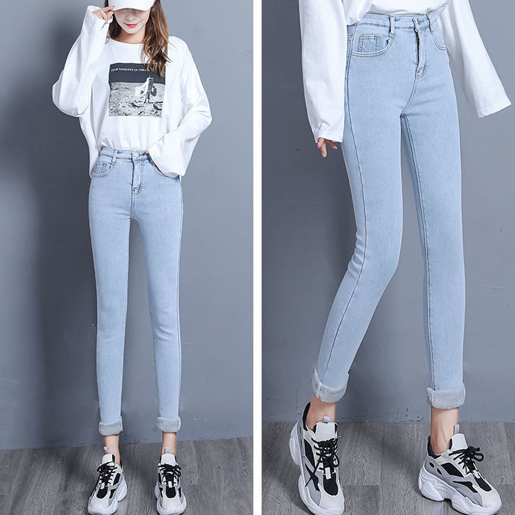 105899-一体绒加厚绒牛仔裤女2021寒冬发热弹力九分小脚修身浅色休闲长裤-详情图