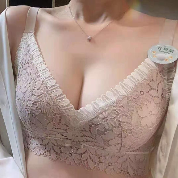 Lace no steel ring underwear women's double wave edge contrast color gathered side collection auxiliary breast seamless adjustable bra anti-sagging