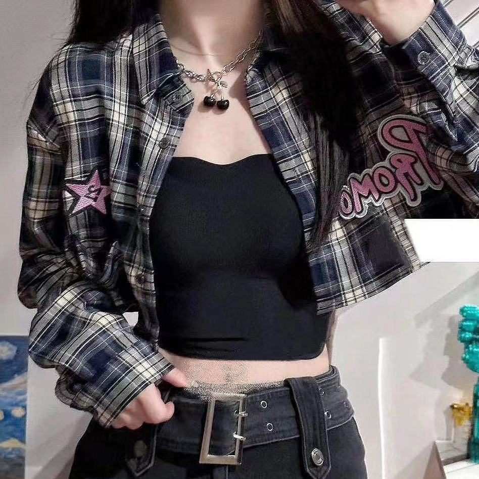 2023夏季新款美式時尚青黑色格子短款襯衫外穿女時尚寬鬆顯瘦襯衣