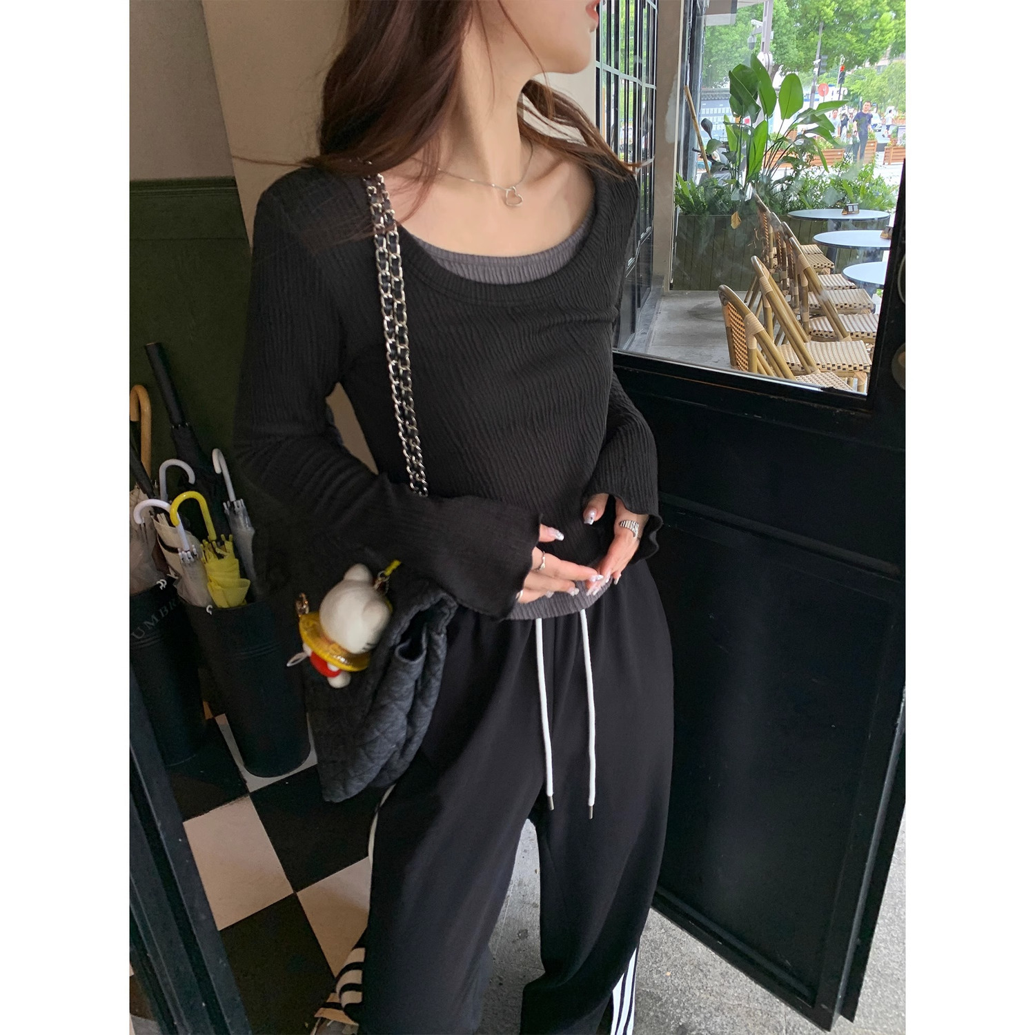 我是你的cc阿 早秋換裝~假兩件長袖T恤女2023秋冬修身打底衫上衣