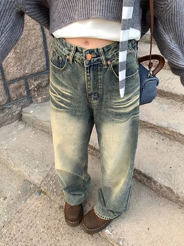 美式vibe做舊高腰直筒牛仔褲女秋季高街設計感寬鬆顯瘦闊腿拖地褲