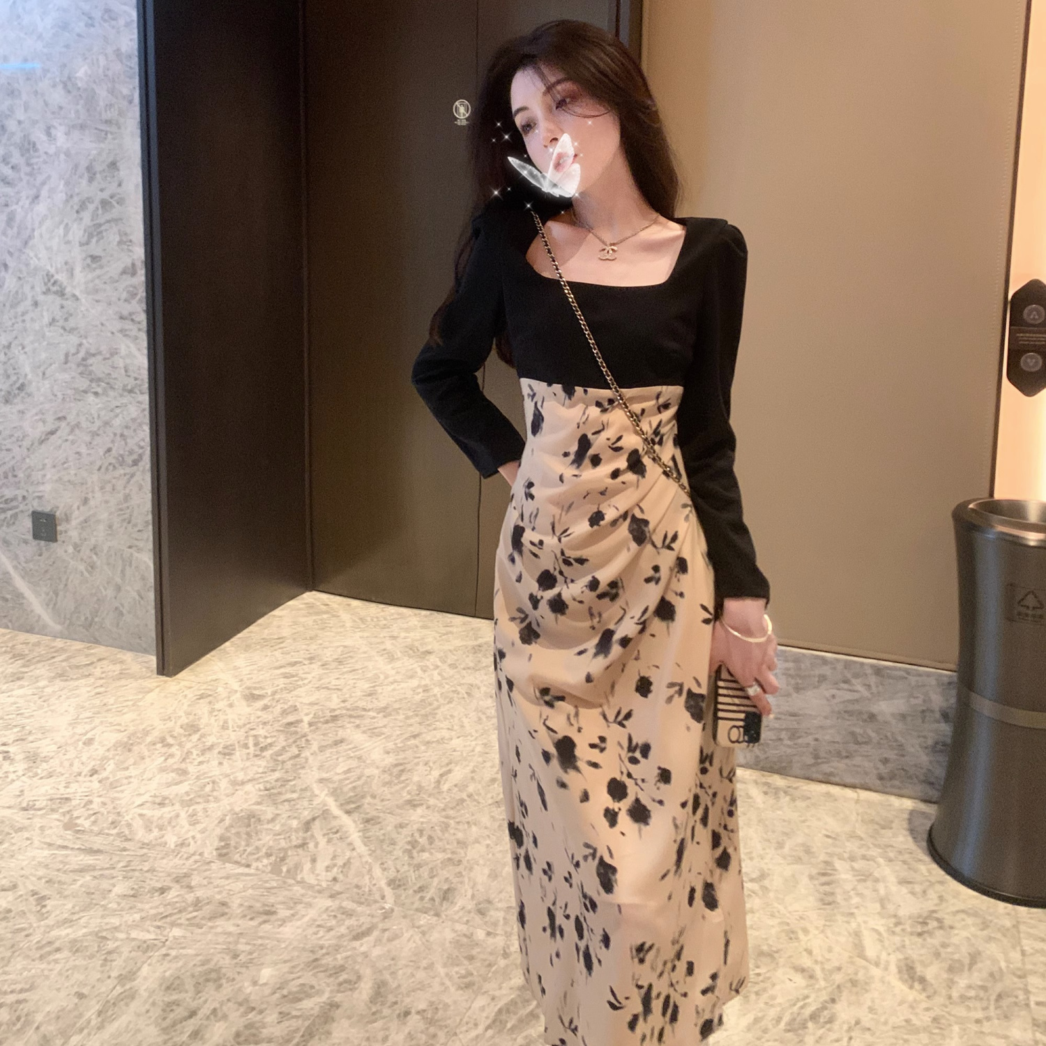 超仙法式復古高級感收腰顯瘦開叉碎花裙時尚遮肚子假兩件連衣裙女