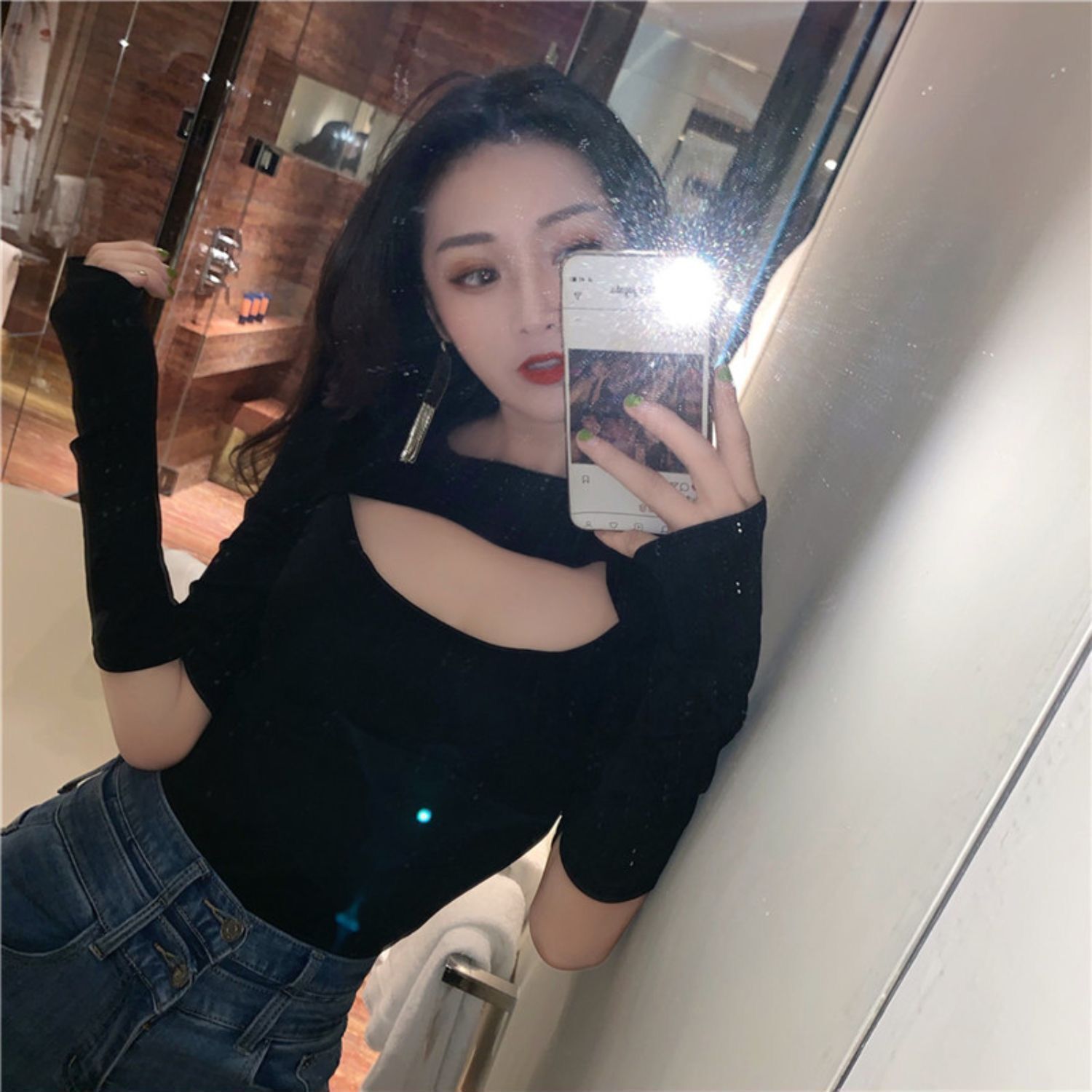 Pure desire style sexy hollow chest long-sleeved tight top ladies autumn and winter inner bottoming shirt early autumn outerwear T-shirt