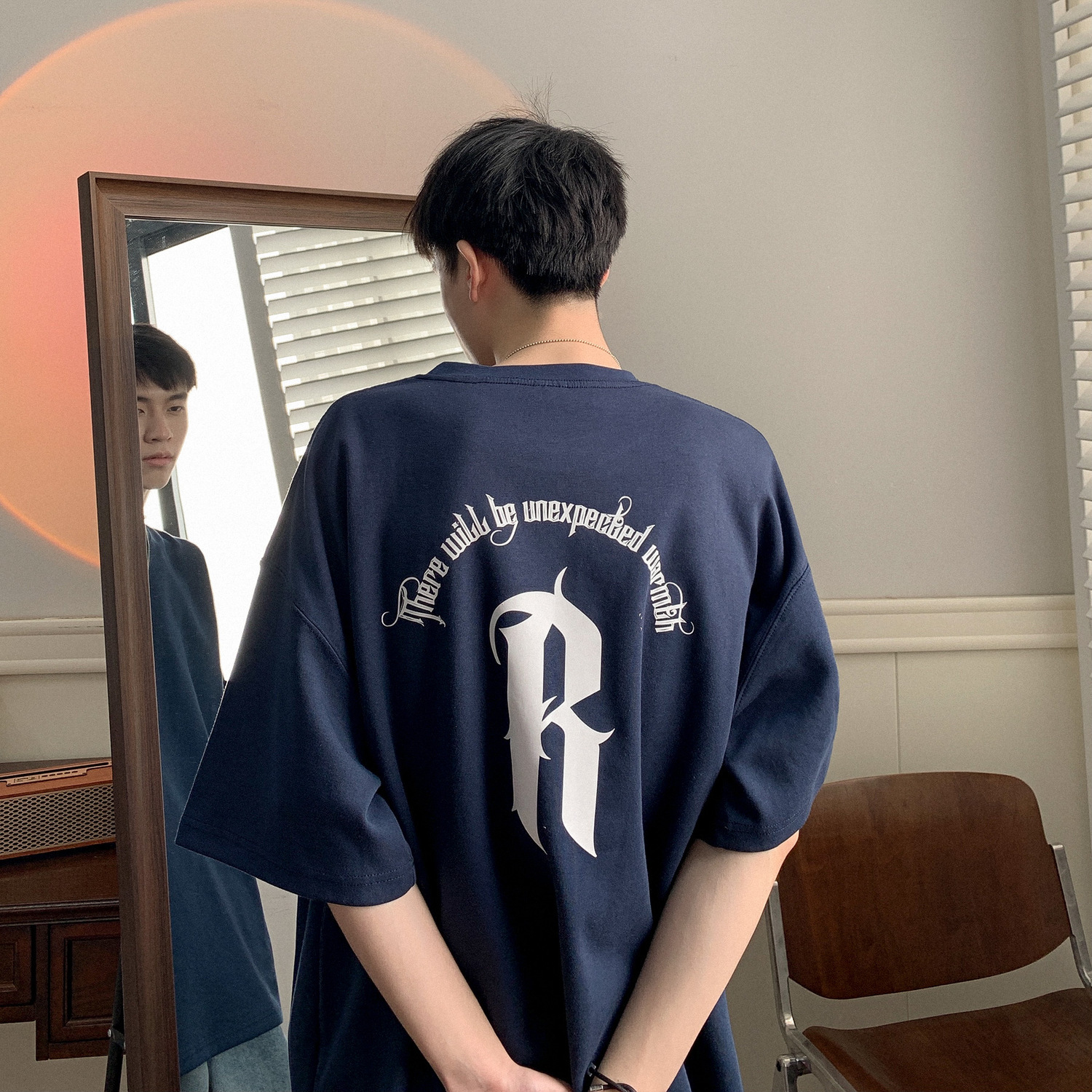 藏青色短袖T恤男夏季薄款美式复古字母印花半袖ins潮牌情侣装体恤