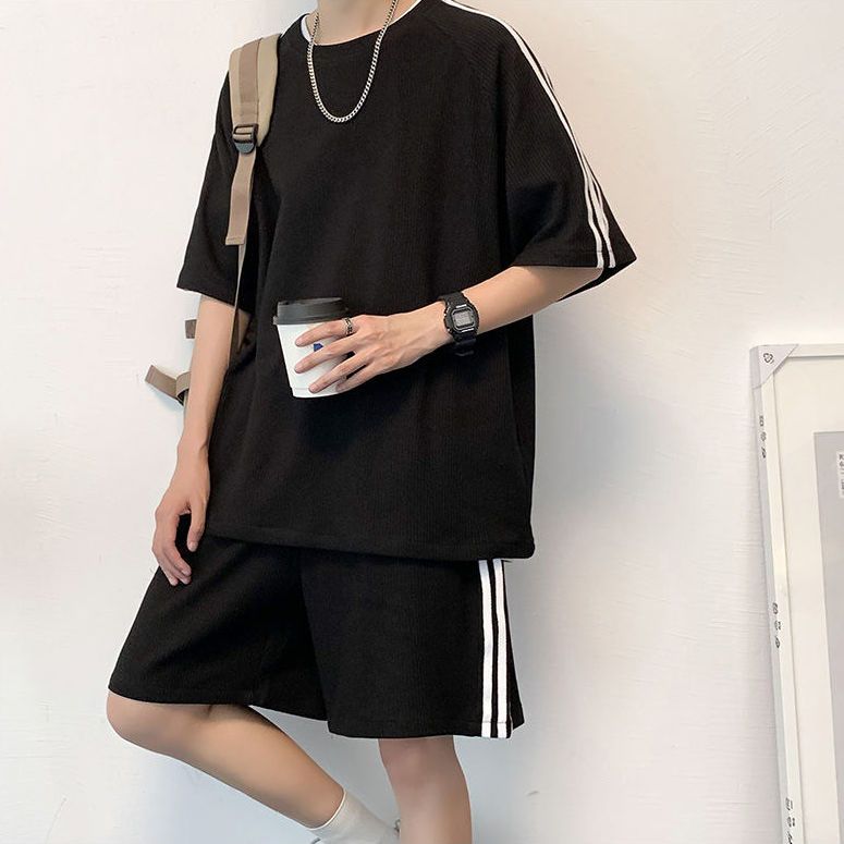 Summer Hong Kong style short sleeve t-shirt men's and women's suit trend loose ins student three bar shorts men's thin lovers' wear