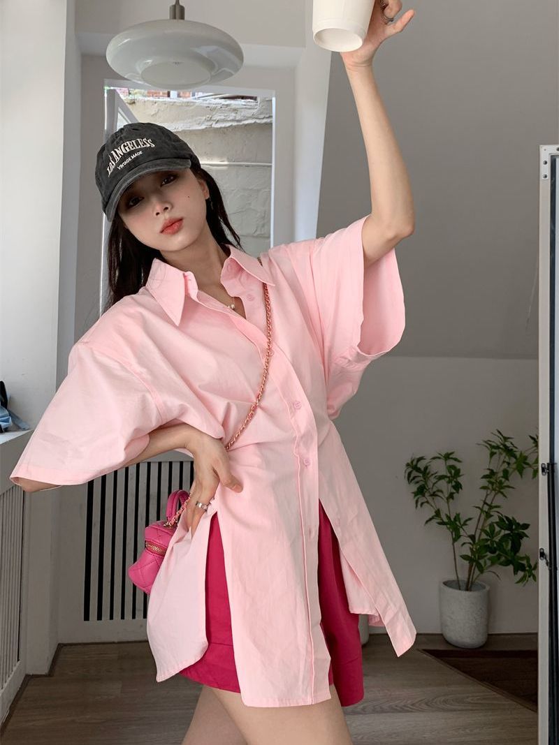 Korean style casual suit female pink polo collar shirt jacket female summer high waist thin wide leg shorts two-piece set