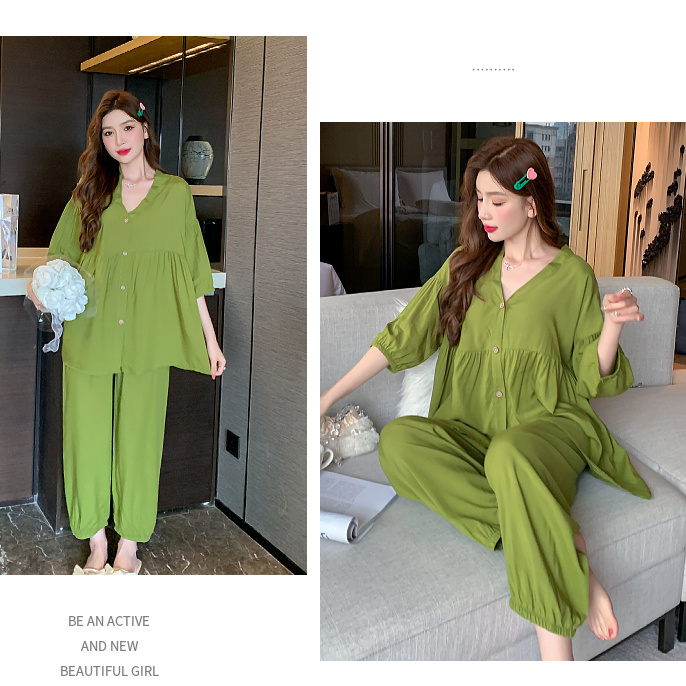 [100% Cotton Silk] Women's Pajamas Spring and Summer New Loose Large Size Homewear Suit Three-quarter Sleeve Trousers Two-piece Set