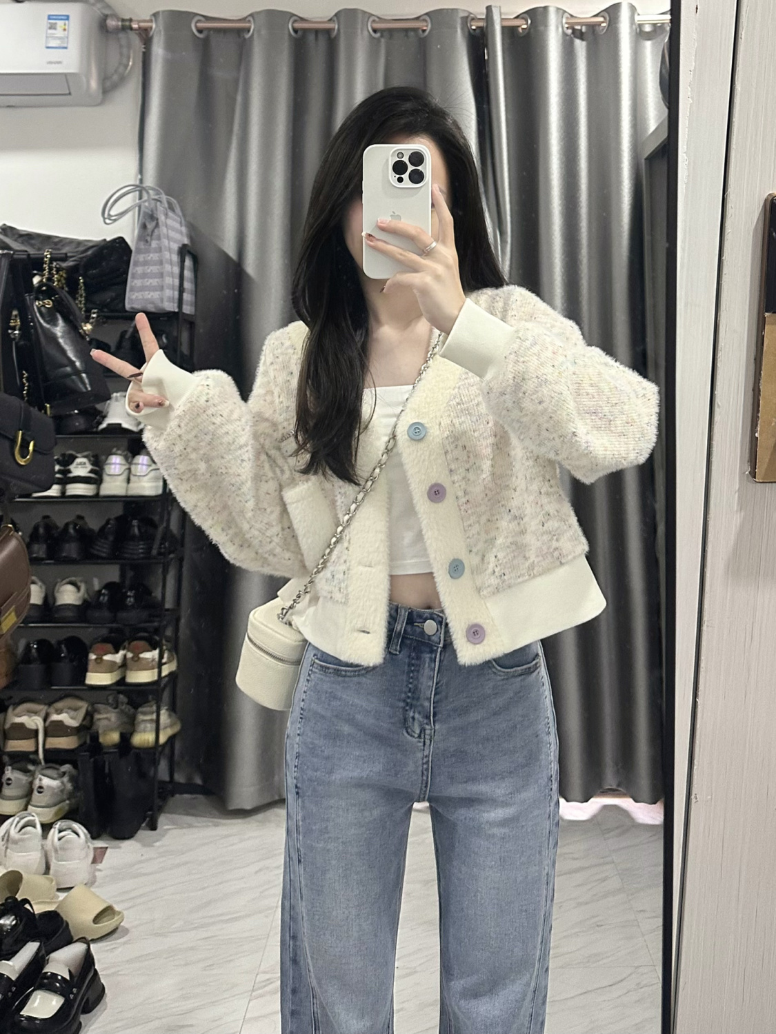 V領短款毛衣外套女春秋2023新款設計感甜美減齡氣質長袖針織開衫
