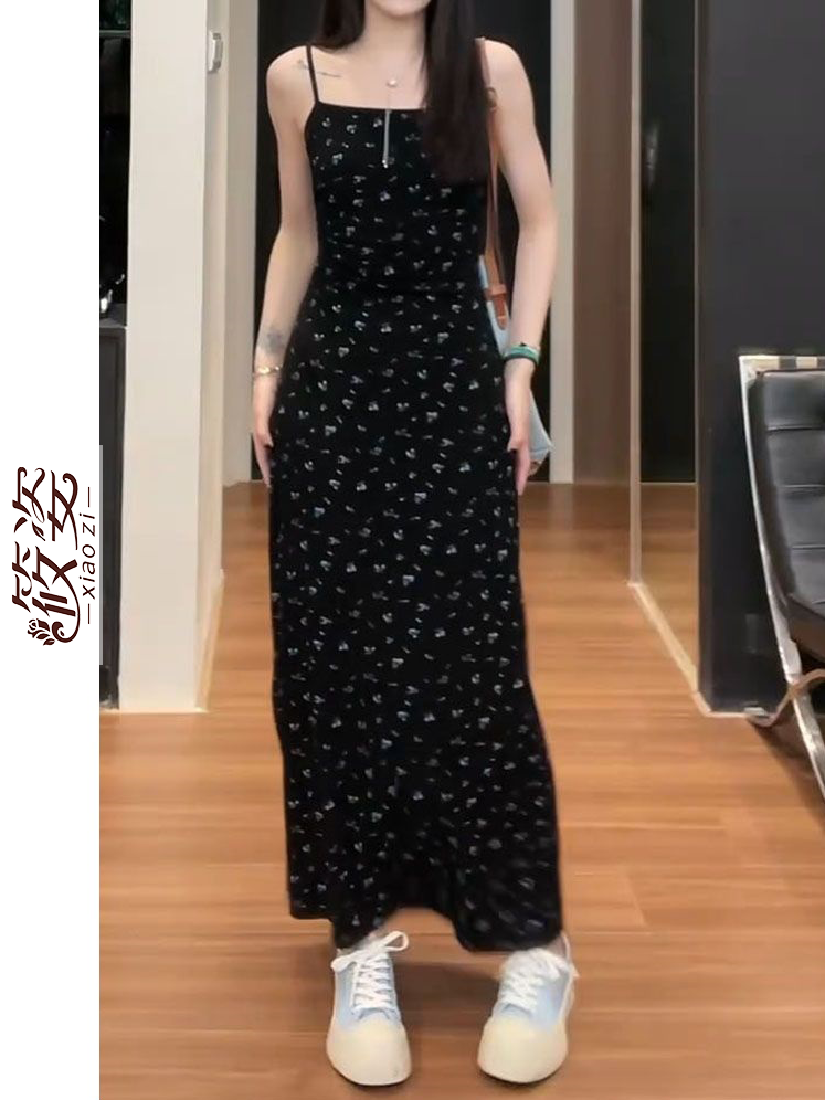 Xiaozi French Floral Suspender Skirt Printed Waist Slim Long Dress Slim Breathable Pleated Pure Desire Korean Version