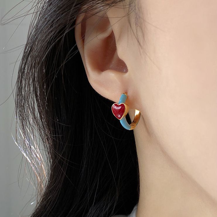 红色滴釉爱心耳环小众设计高级感时髦个性耳圈冷淡风卡扣圈圈耳钉