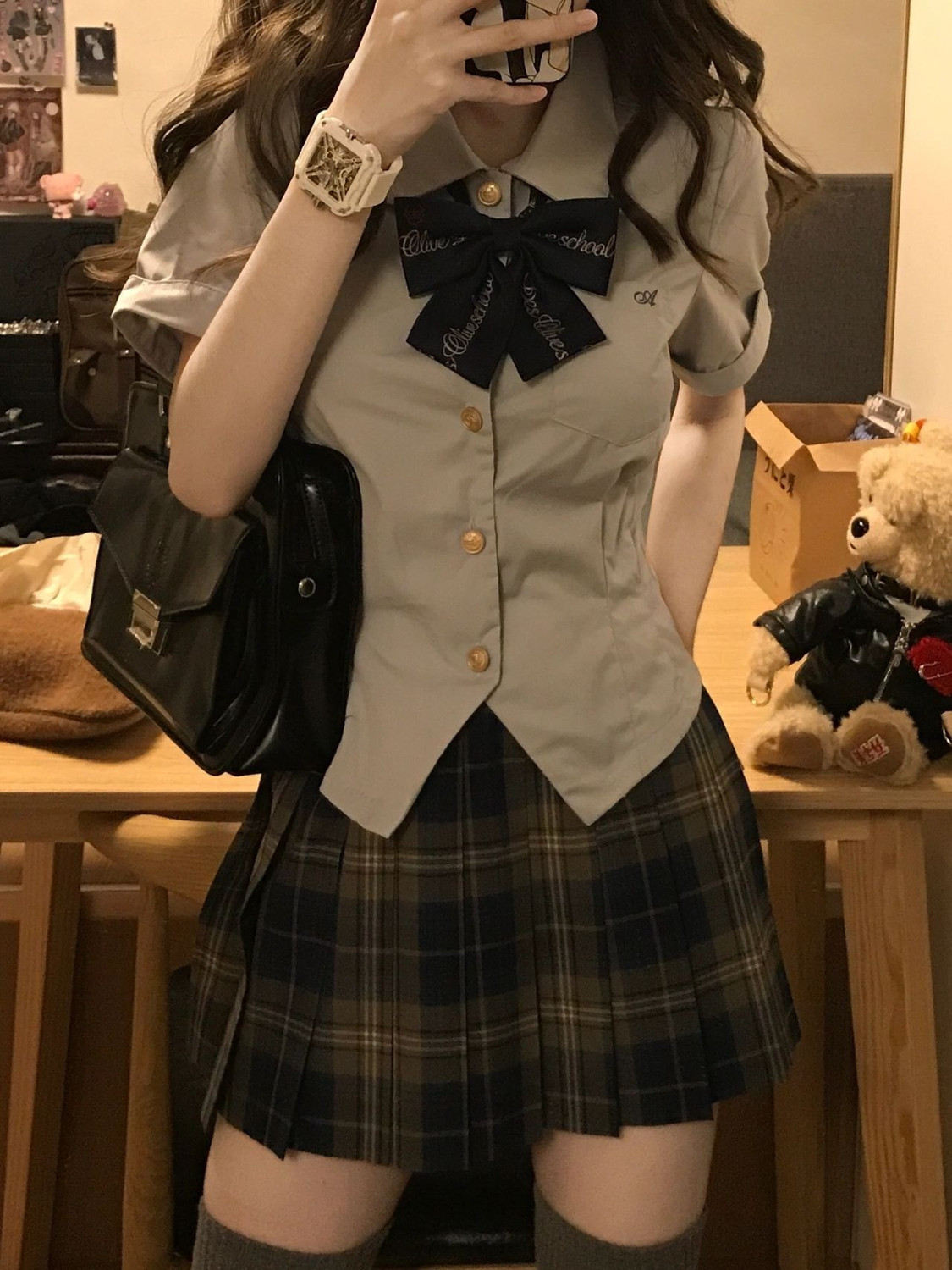 大碼美式學院風套裝夏季領帶短袖襯衫女胖mm格紋百褶短裙兩件套潮