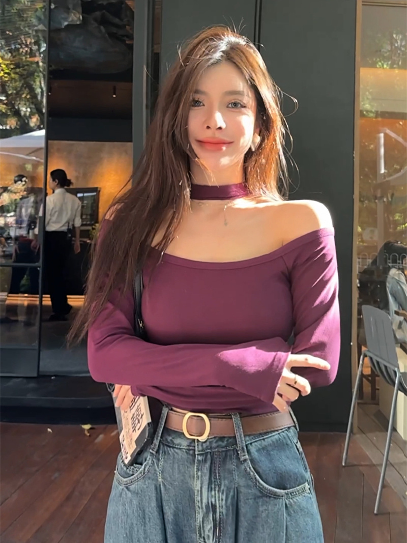 One-shoulder thin purple long-sleeved bottoming shirt T-shirt for women in autumn sweet hottie off-shoulder slim short temperament top