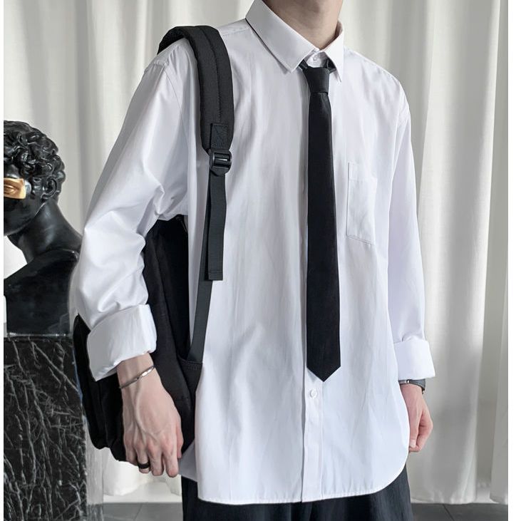 高质量领带dk衬衫男长袖情侣装宽松黑白色衬衣潮流韩版学院风班服