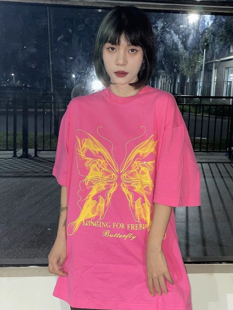 美式復古正肩蝴蝶印花火龍果色短袖t恤女重磅純棉玫紅色上衣ins潮
